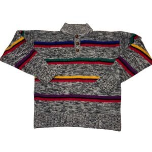 Boston Traders Vintage 100% Wool Striped Henley Sweater Womens Large Gray Multi